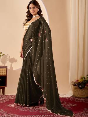 Black embroidered georgette party wear saree with blouse piece 2