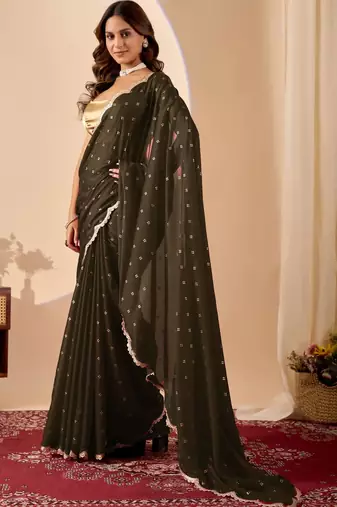 Black embroidered georgette party wear saree with blouse piece