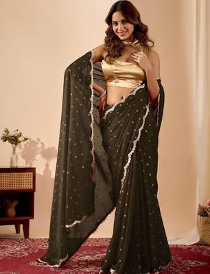 Black embroidered georgette party wear saree with blouse piece 3