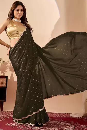 Black embroidered georgette party wear saree with blouse piece