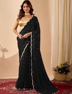 Black embroidered georgette party wear saree with blouse piece 1