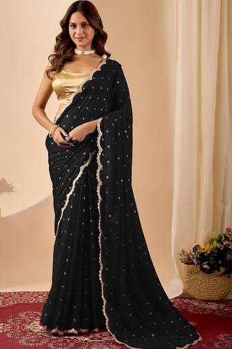 Black embroidered georgette party wear saree with blouse piece