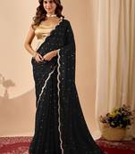 Black embroidered georgette party wear saree with blouse piece