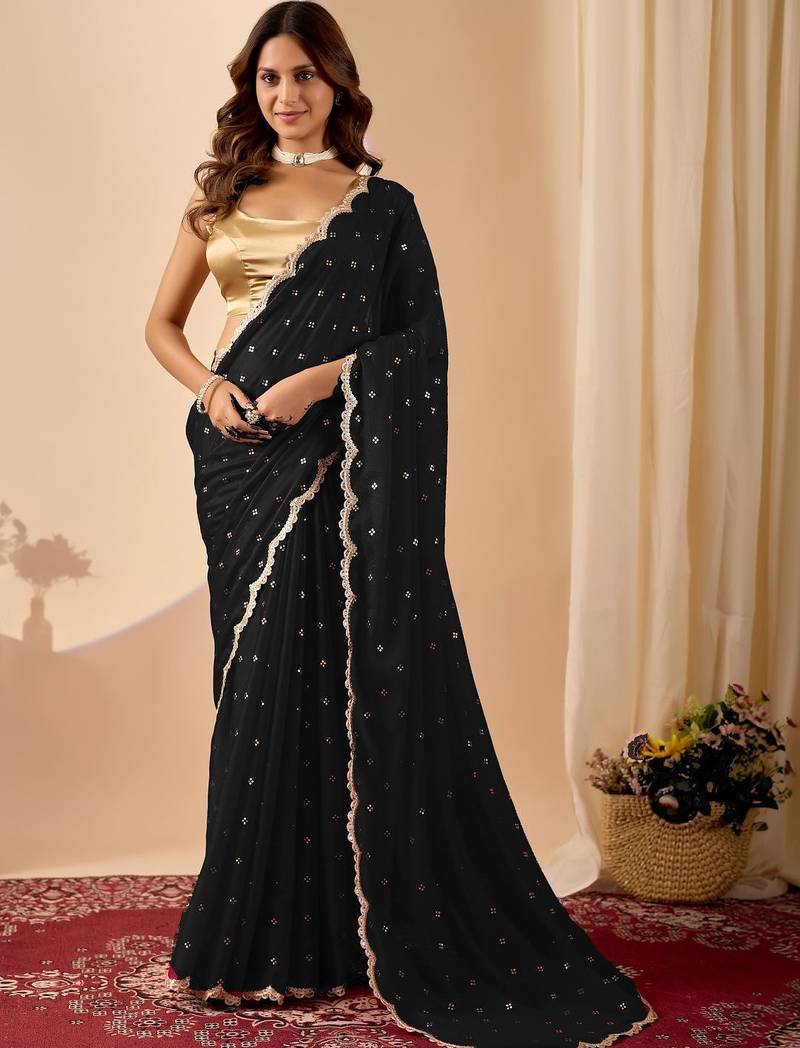 Black embroidered georgette party wear saree with blouse piece