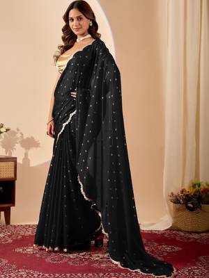Black embroidered georgette party wear saree with blouse piece 2