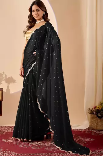 Black embroidered georgette party wear saree with blouse piece