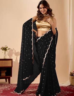 Black embroidered georgette party wear saree with blouse piece 3