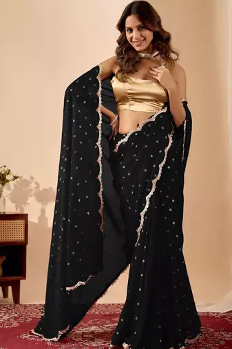 Black embroidered georgette party wear saree with blouse piece