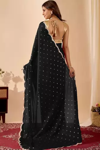 Black embroidered georgette party wear saree with blouse piece