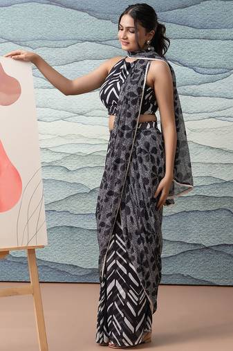 Black elegant printed georgette saree with blouse piece