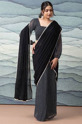 Black elegant printed georgette saree with blouse piece