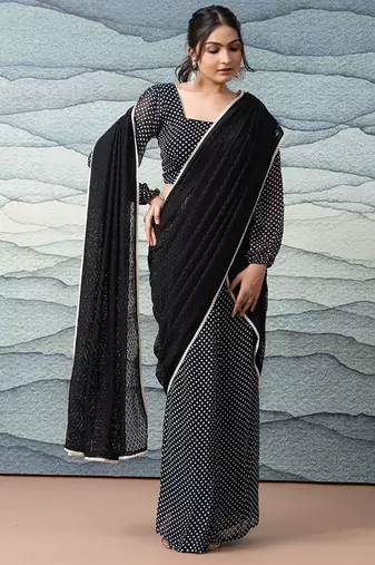 Black elegant printed georgette saree with blouse piece