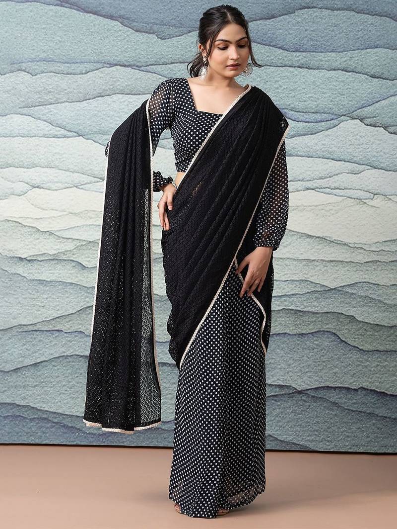 Black elegant printed georgette saree with blouse piece