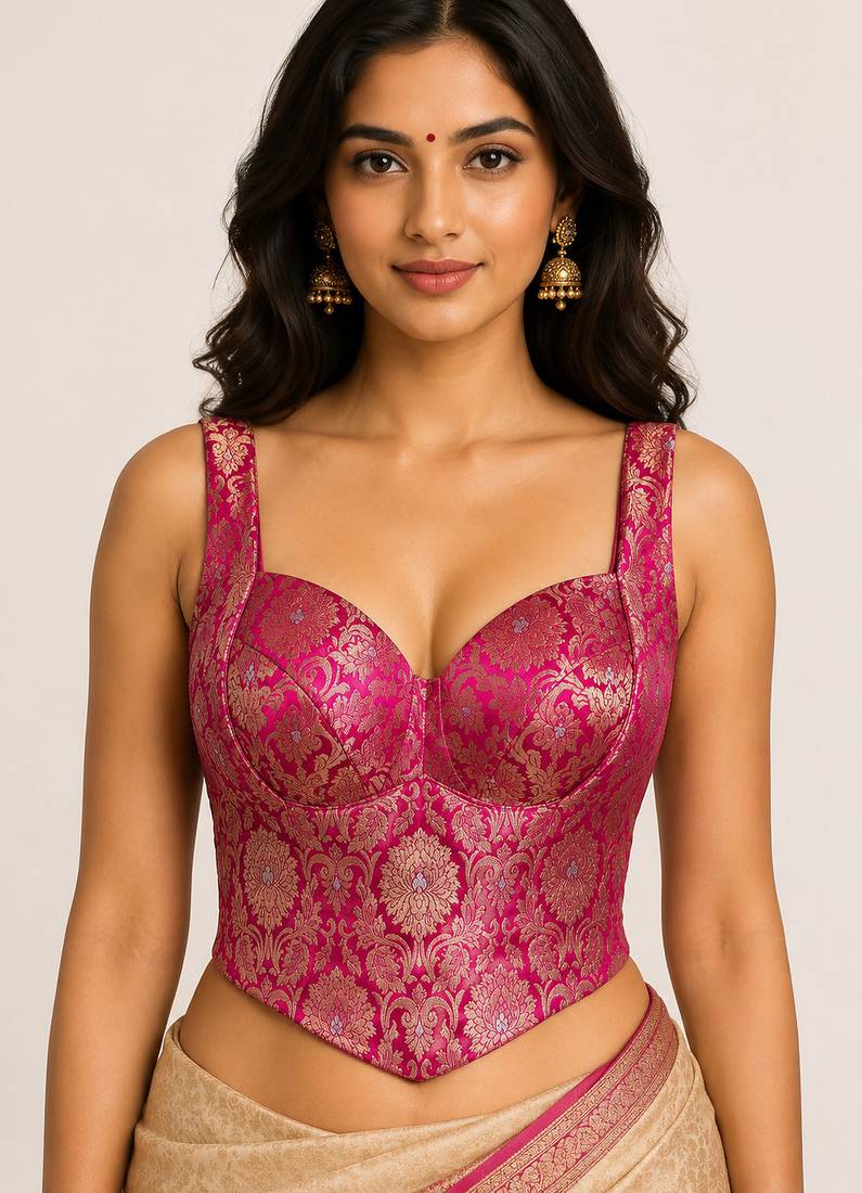 Rani zari woven jacquard silk designer readymade saree blouse for women wedding party wear