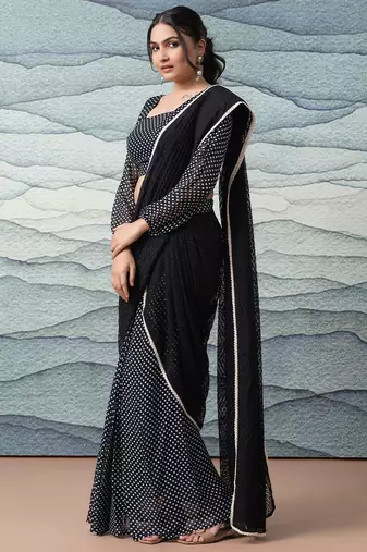 Black elegant printed georgette saree with blouse piece