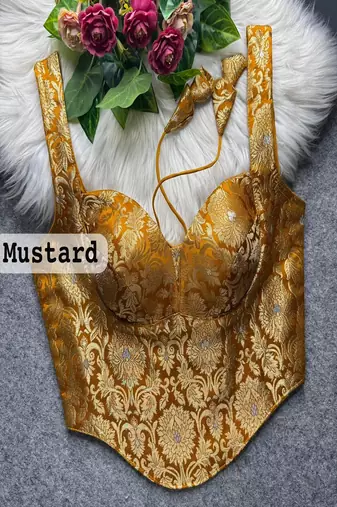 Mustard zari woven jacquard silk designer readymade saree blouse for women wedding party wear