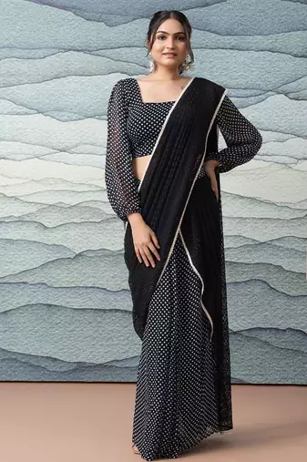 Black elegant printed georgette saree with blouse piece