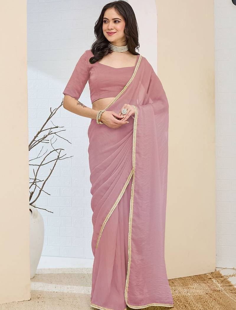 Rose plain silk blend party wear saree with blouse piece
