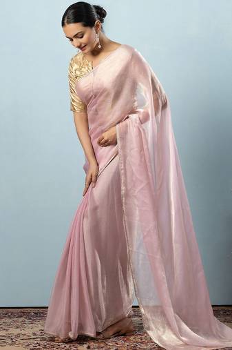 Pink plain tissue festive wear saree with blouse piece
