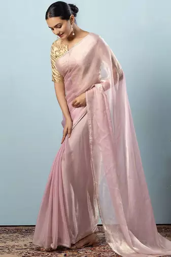 Pink plain tissue festive wear saree with blouse piece