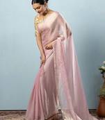 Pink plain tissue festive wear saree with blouse piece