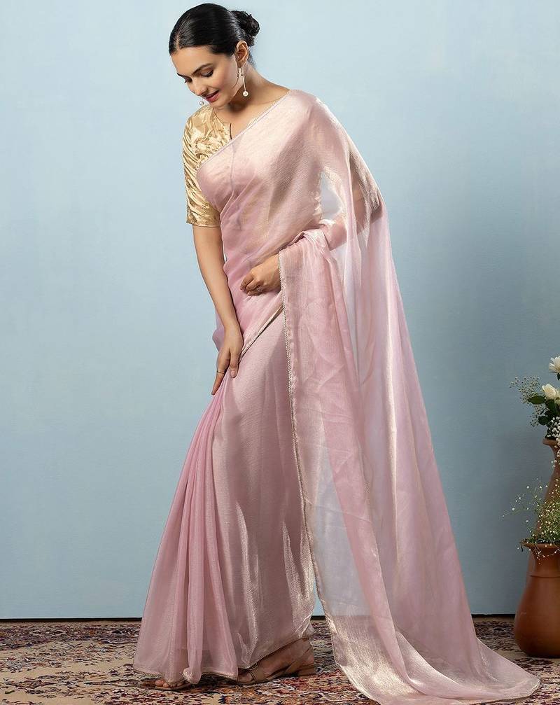 Pink plain tissue festive wear saree with blouse piece
