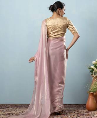 Pink plain tissue festive wear saree with blouse piece 2