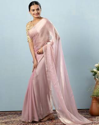 Pink plain tissue festive wear saree with blouse piece 3