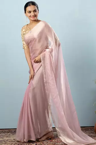 Pink plain tissue festive wear saree with blouse piece