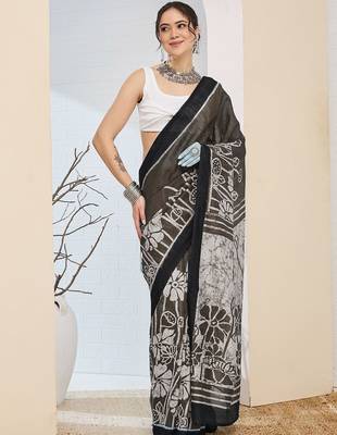 Black printed silk blend ethnic saree with blouse piece 1