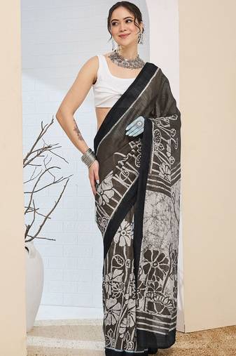 Black printed silk blend ethnic saree with blouse piece