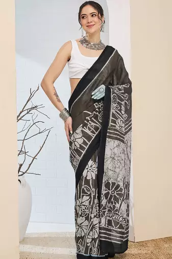 Black printed silk blend ethnic saree with blouse piece