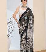 Black printed silk blend ethnic saree with blouse piece
