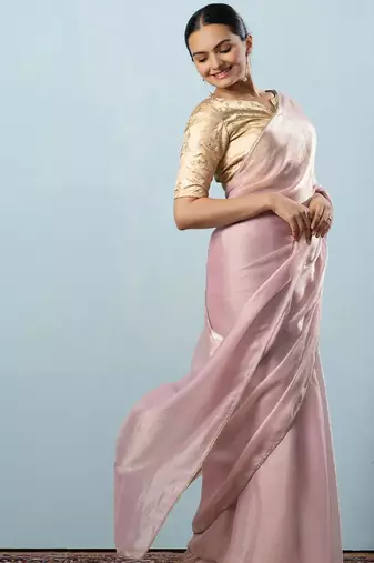 Pink plain tissue festive wear saree with blouse piece