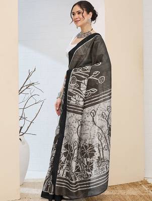 Black printed silk blend ethnic saree with blouse piece 2