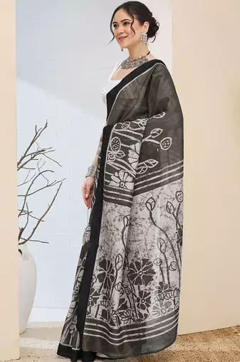 Black printed silk blend ethnic saree with blouse piece
