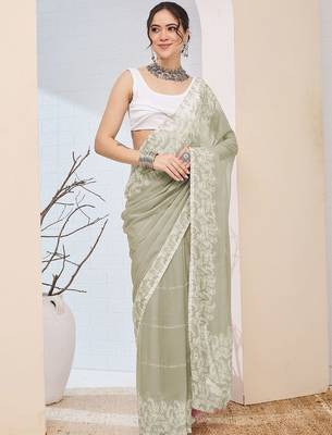 Olive printed chiffon festive wear saree with blouse piece 1