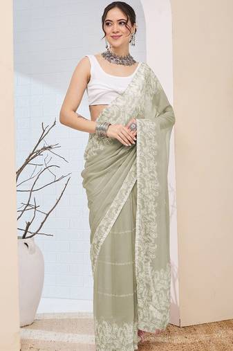 Olive printed chiffon festive wear saree with blouse piece