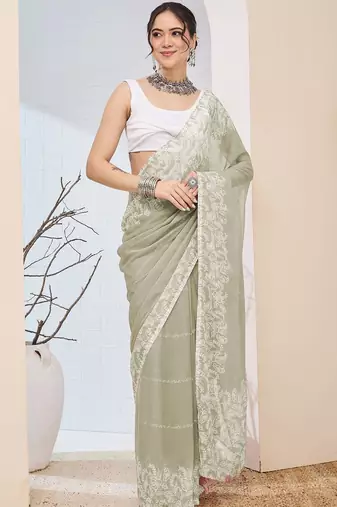 Olive printed chiffon festive wear saree with blouse piece