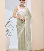 Olive printed chiffon festive wear saree with blouse piece