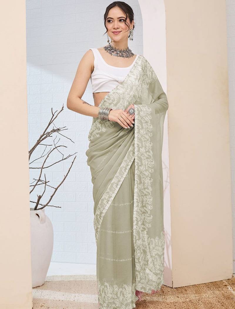 Olive printed chiffon festive wear saree with blouse piece