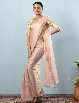 Peach plain tissue festive wear saree with blouse piece 2