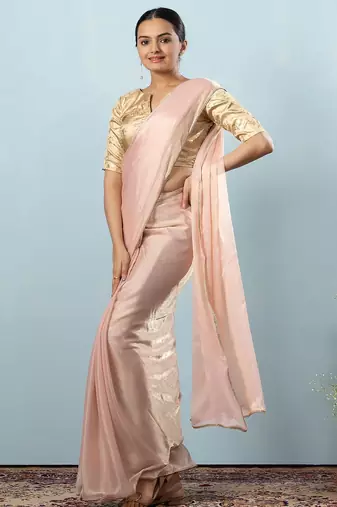 Peach plain tissue festive wear saree with blouse piece