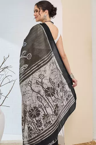 Black printed silk blend ethnic saree with blouse piece