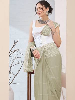 Olive printed chiffon festive wear saree with blouse piece 2