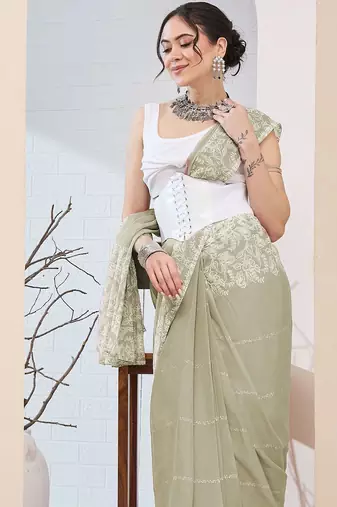 Olive printed chiffon festive wear saree with blouse piece
