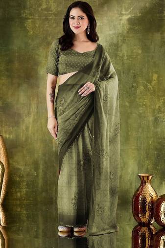 Olive printed chiffon festive wear saree with blouse piece