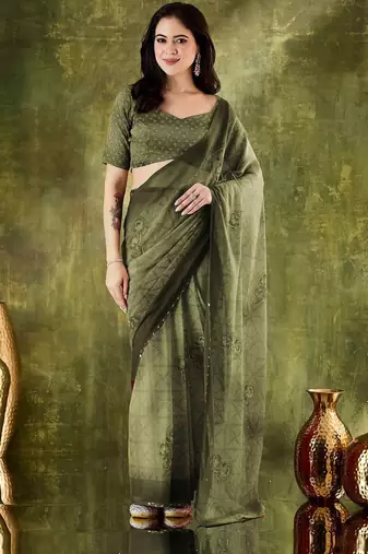 Olive printed chiffon festive wear saree with blouse piece