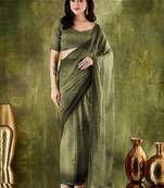 Olive printed chiffon festive wear saree with blouse piece