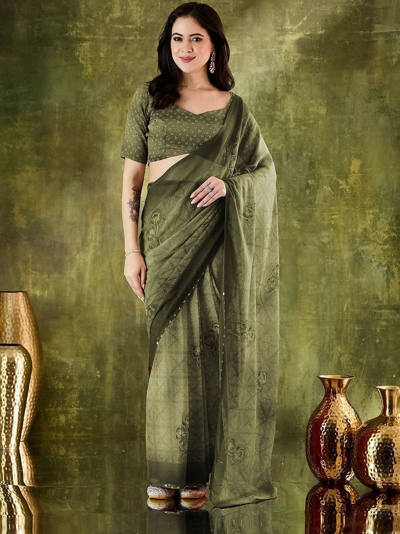 Olive printed chiffon festive wear saree with blouse piece